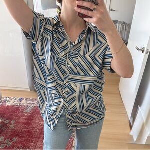 Mango Geometric Stripe Short Sleeve Button-Up Top in Cream and Blue Sz S